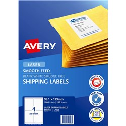 AVERY LASER SHIPPING LABELS WHITE L7169 99.1X139MM 4UP 1000 LABELS 250 SHEETS