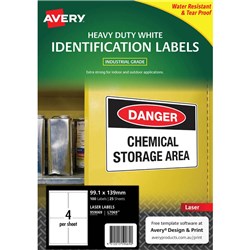 AVERY IDENTIFICATION LASER HEAVY DUTY WHITE L7069 99.1X139MM 4UP 100 LABELS