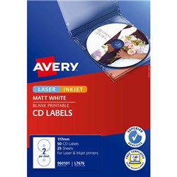 AVERY CD LASER & INKJET LABELS WHITE L7676 1117MM 2UP 50 LABELS