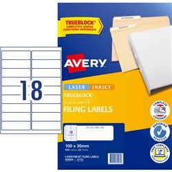 AVERY FILING LASER & INKJET LABELS WHITE L7172 100X30MM 18UP 450 LABELS 25 SHEETS