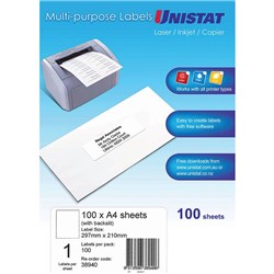 UNISTAT LASER COPIER & INKJET LABELS 297X210MM BACK SLIT 1UP 100 LABELS 100 SHEETS