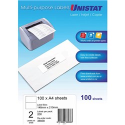 UNISTAT LASER COPIER & INKJET LABELS 148X210MM 2UP 200 LABELS 100 SHEETS