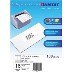 UNISTAT LASER COPIER & INKJET LABELS 99X38MM WITH MARGIN 16UP 1600 LABELS 100 SHEETS