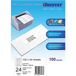UNISTAT LASER COPIER & INKJET LABELS 70X36MM 24UP 2400 LABELS 100 SHEETS