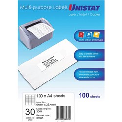 UNISTAT LASER COPIER & INKJET LABELS 64X25.4MM 30UP 3000 LABELS 100 SHEETS
