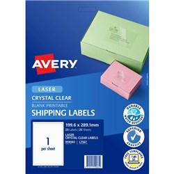 AVERY CRYSTAL CLEAR LASER SHIPPING LABELS WHITE L7567 199.6X289.1MM 1UP 25 LABELS