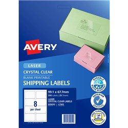 AVERY CRYSTAL CLEAR LASER ADDRESS LABELS WHITE L7565 99.1X67.7 MM 8UP 200 LABELS