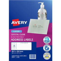 AVERY CRYSTAL CLEAR LASER ADDRESS LABELS WHITE L7563 99.1X38.1MM 14UP 350 LABELS