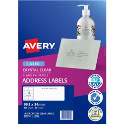 AVERY CRYSTAL CLEAR LASER ADDRESS LABELS WHITE L7562 99.1X34MM 16UP 400 LABELS