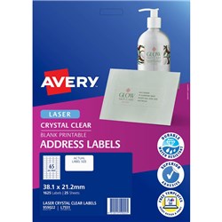 AVERY CRYSTAL CLEAR LASER ADDRESS LABELS WHITE L7551 38.1X21.2MM 65UP 1625 LABELS