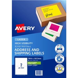 AVERY HIGH VISIBILITY SHIPPING LASER LABELS GREEN L7168FG 199.6X143.5MM 2UP 20 LABELS