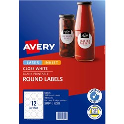 AVERY BLANK PRINTABLE LABELS L7105 60MM ROUND GLOSS WHITE 12UP 120 LABELS 10 SHEETS