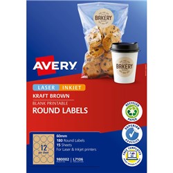 AVERY BLANK PRINTABLE LABELS L7106 60MM ROUND KRAFT BROWN 12UP 180 LABELS 15 SHEETS