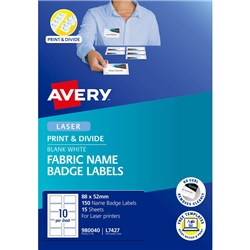 AVERY FABRIC NAME BADGE LASER LABELS WHITE L7427 88X52MM 10UP 150 LABELS 15 SHEETS
