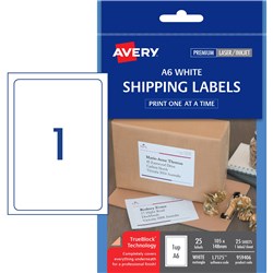 AVERY SHIPPING LASER LABELS WHITE L7175 A6 105X148MM 1UP 25 LABELS 25 SHEETS