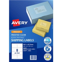 AVERY FROSTED CLEAR INKJET SHIPPING LABELS J8565 99.1X67.7MM 8UP 200 LABELS