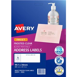AVERY FROSTED CLEAR INKJET ADDRESS LABELS J8562 99.1X24MM 16UP 400 LABELS