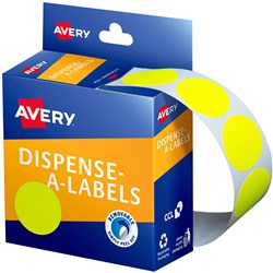AVERY REMOVABLE DISPENSER LABELS 24MM ROUND FLUORO YELLOW PACK OF 350