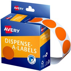 AVERY REMOVABLE DISPENSER LABELS 24MM ROUND ORANGE PACK OF 500