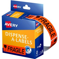 AVERY REMOVABLE DISPENSER LABELS 19X64MM FRAGILE BLACK ON FLUORO RED PACK OF 125