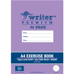 WRITER PREMIUM EXERCISE BOOK A4 8MM 70GSM WITH MARGIN 96 PAGE LILAC PAPER