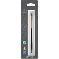 PARKER JOTTER BALLPOINT PEN GOLD TRIM STAINLESS STEEL BLUE REFILL
