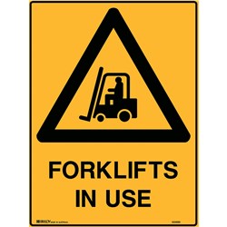 BRADY WARNING SIGN FORKLIFTS IN USE 450W X 600MMH POLYPROPYLENE YELLOW AND BLACK