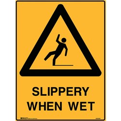 BRADY WARNING SIGN SLIPPERY WHEN WET 450W X 600MMH POLYPROPYLENE YELLOW AND BLACK