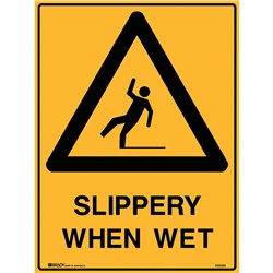 BRADY WARNING SIGN SLIPPERY WHEN WET 450W X 600MMH METAL YELLOW AND BLACK
