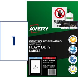 AVERY IDENTIFICATION REMOVABLE HEAVY DUTY LASER WHITE L4775 208X295MM 1UP 20 LABELS