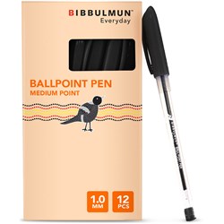 BIBBULMUN BALLPOINT PEN MEDIUM 1MM BLACK PACK OF 12