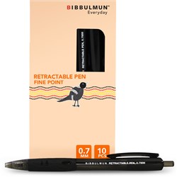 BIBBULMUN RETRACTABLE BALLPOINT PEN FINE 0.7MM BLACK PACK OF 10
