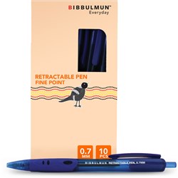 BIBBULMUN RETRACTABLE BALLPOINT PEN FINE 0.7MM BLUE PACK OF 10