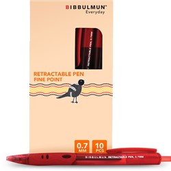 BIBBULMUN RETRACTABLE BALLPOINT PEN FINE 0.7MM RED PACK OF 10