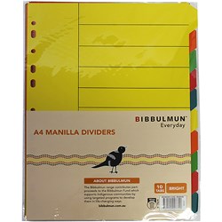 BIBBULMUN MANILLA DIVIDER A4 10 TAB BRIGHT COLOURS