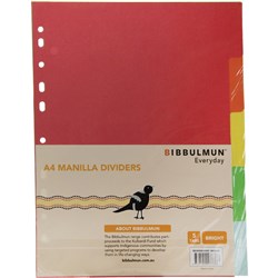 BIBBULMUN MANILLA DIVIDER A4 5 TAB PLAIN BRIGHT COLOURS