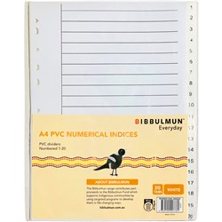 BIBBULMUN PVC DIVIDER A4 1-20 TAB NUMBERED WHITE