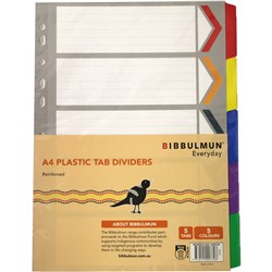 BIBBULMUN REINFORCED DIVIDER A4 5 TAB WHITE WITH COLOURED TABS