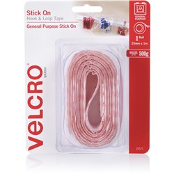 VELCRO BRAND STICK ON HOOK & LOOP 25MM X 1M TAPE WHITE