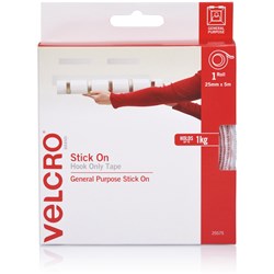 VELCRO BRAND STICK ON HOOK ONLY 25MM X 5M TAPE WITH DISPENSER WHITE