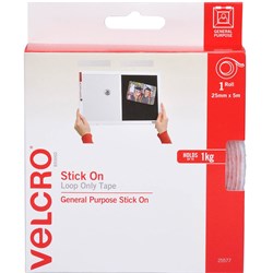 VELCRO BRAND STICK ON LOOP ONLY 25MM X 5M TAPE WITH DISPENSER WHITE
