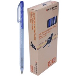 BIBBULMUN RETRACTABLE BALLPOINT ECONOMY PEN MEDIUM 1MM BLUE PACK OF 12